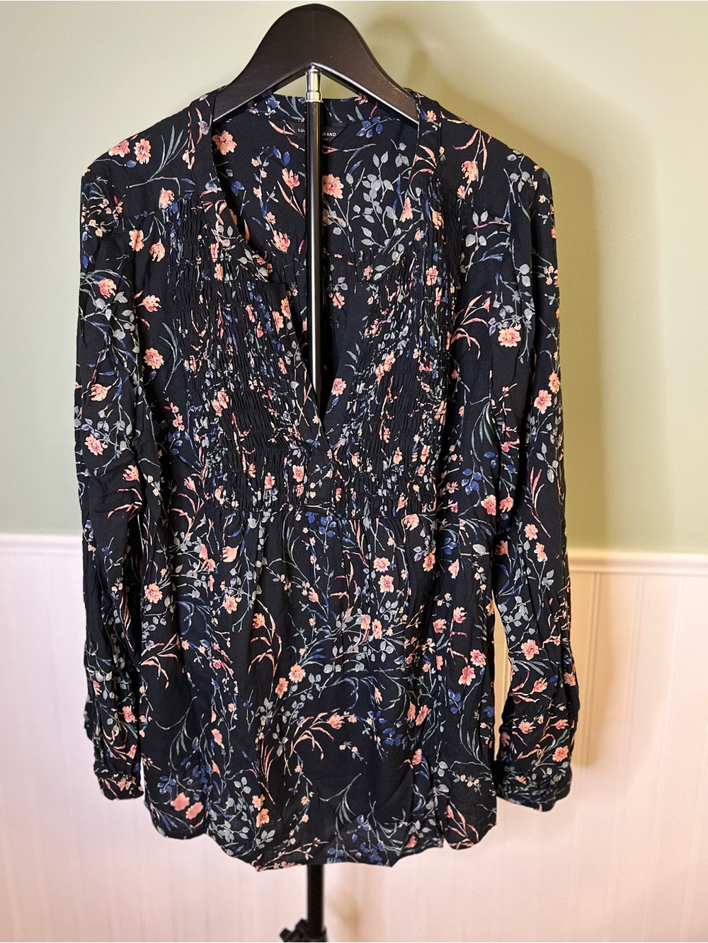 Lucky Brand Black Floral Smocked V-Neck Tunic with Pink and Blue Blooms. Size L